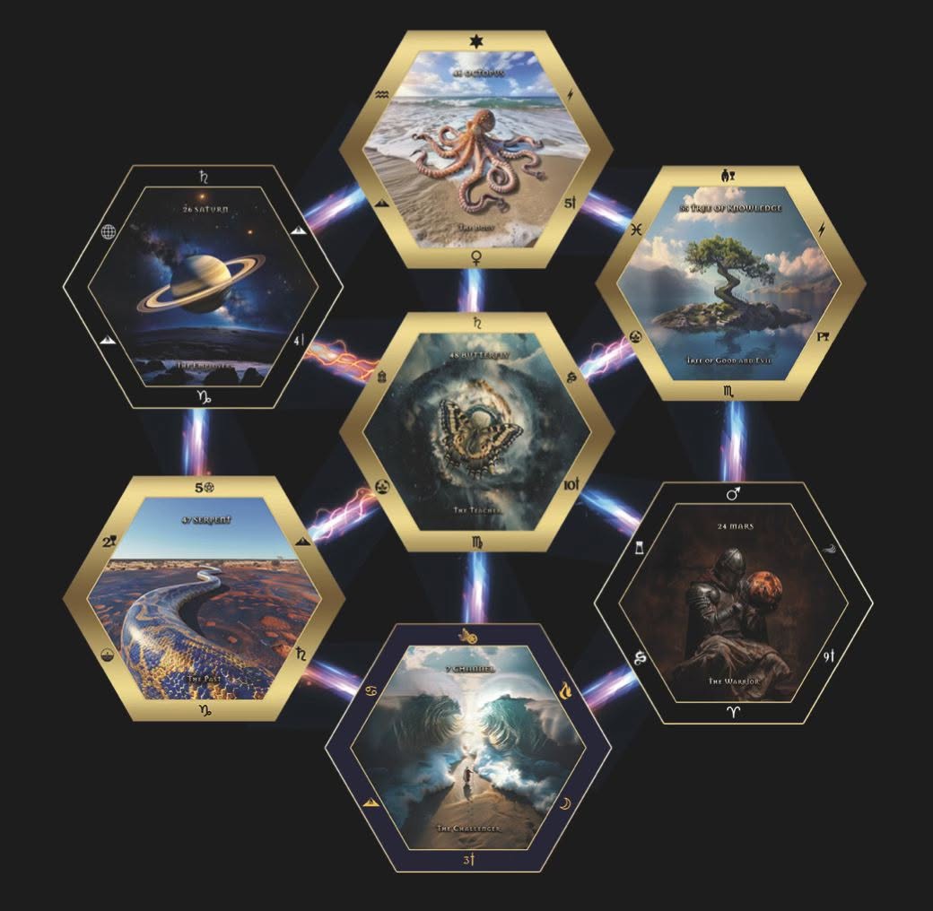 Authentic Creatrix cards connected in a hexagonal reading spread